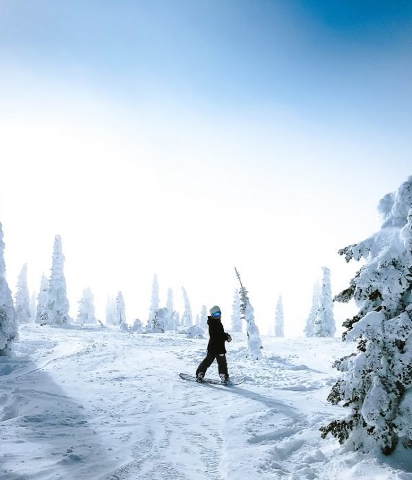 A person on a snowboard looking back to the camera on a snowy surface surrounded by trees