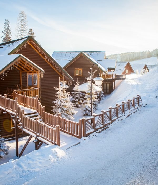 View of beautiful snowy mountains, forests, at Bukovel